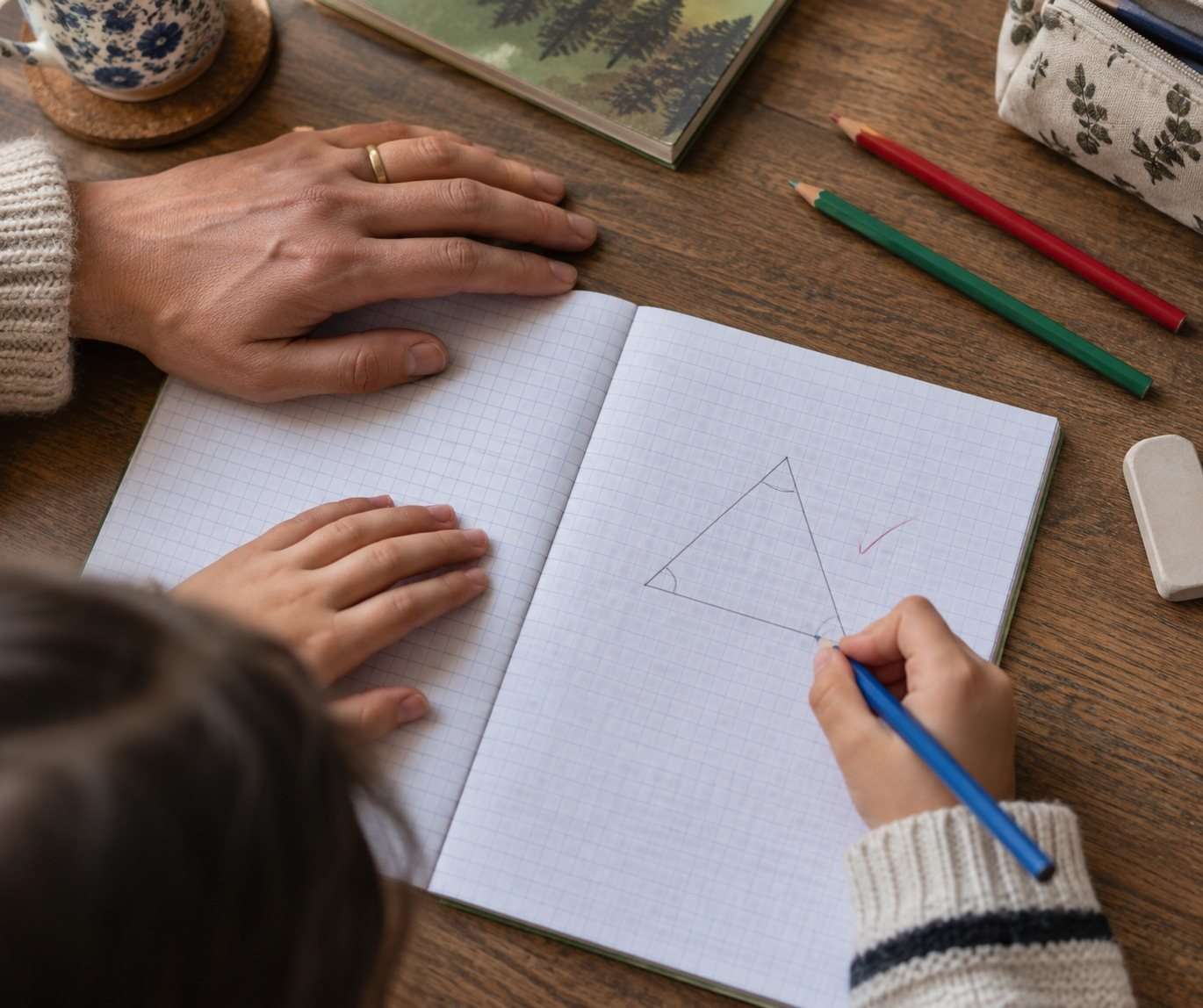 Cuaderno de repaso con anotaciones y material de escritura.